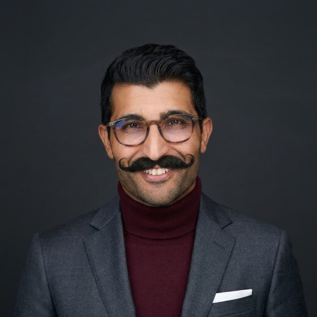 Arish Dubash, Chief Word Officer — in suit with a fake executive mustache