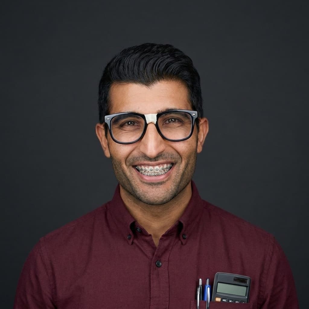 Arish Dubash, Head of Spell Check — wearing nerdy glasses and braces