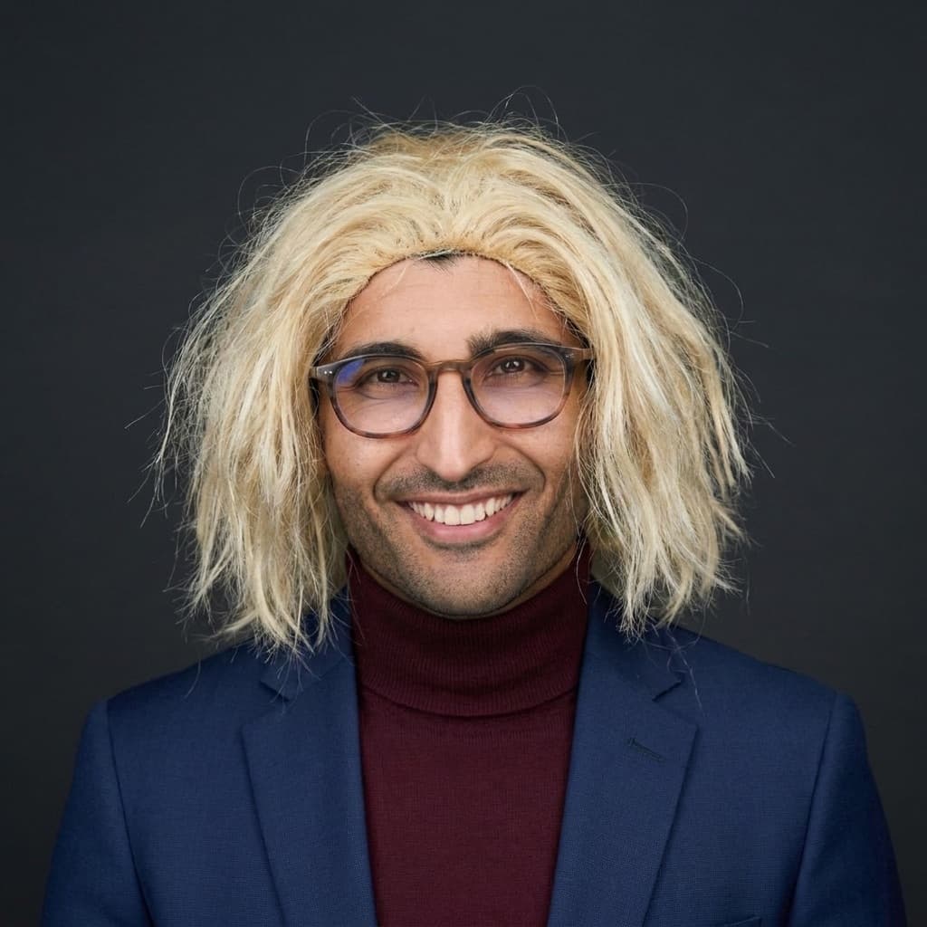 Arish Dubash, Lead Designer — wearing a blonde wig