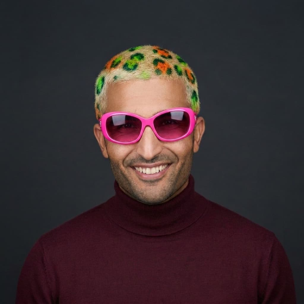 Arish Dubash, VP of Vibes — dyed hair and pink glasses